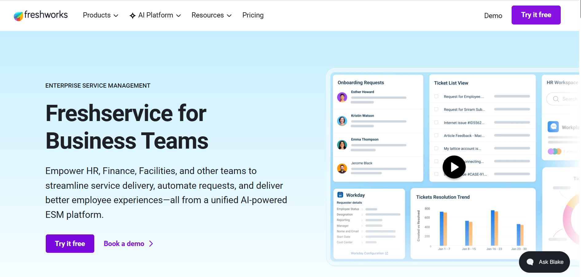 Freshservice HR software platform showing applicant tracking, digital onboarding workflows, offer letter management, and new hire task management for growing Indian companies
