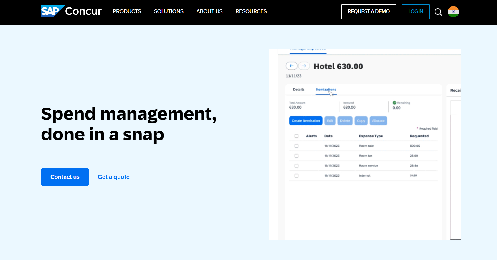 SAP Concur interface showing travel booking, expense report automation, policy enforcement, and audit reporting capabilities for enterprise finance teams in India