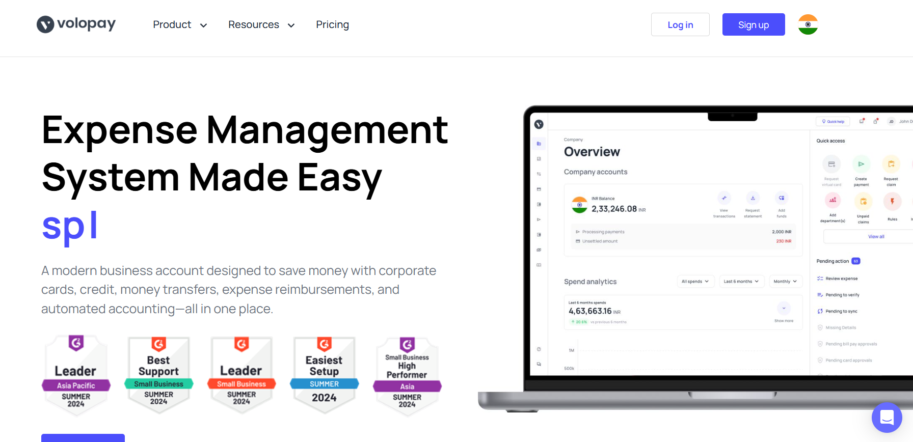 Volopay interface showing multi-currency corporate cards, vendor payment management, spend approval workflows, and accounting integrations for Indian finance teams
