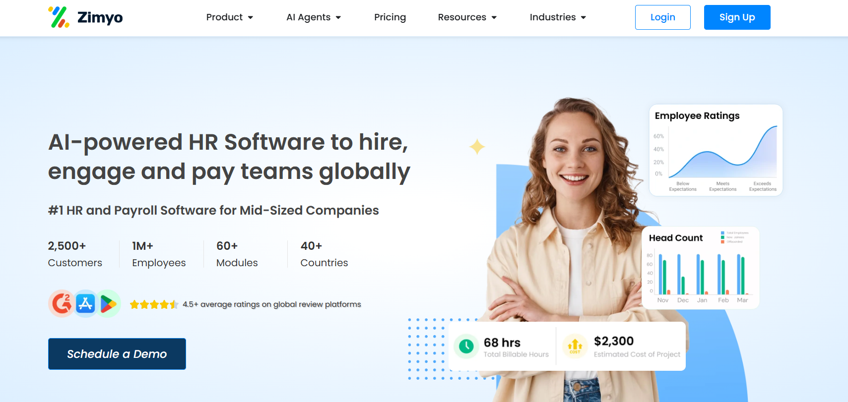 Zimyo HR platform homepage showing leave management system, employee self-service portal, engagement analytics, and payroll integration for mid-sized Indian businesses