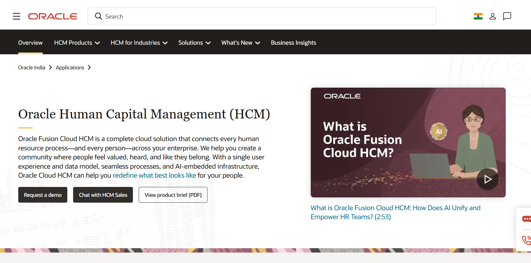 Oracle HCM homepage showing cloud-based HR management, payroll, workforce planning, and compliance management solutions