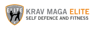 Logo with two black silhouettes practicing Krav Maga inside a shield, with text Krav Maga Elite Self Defence.