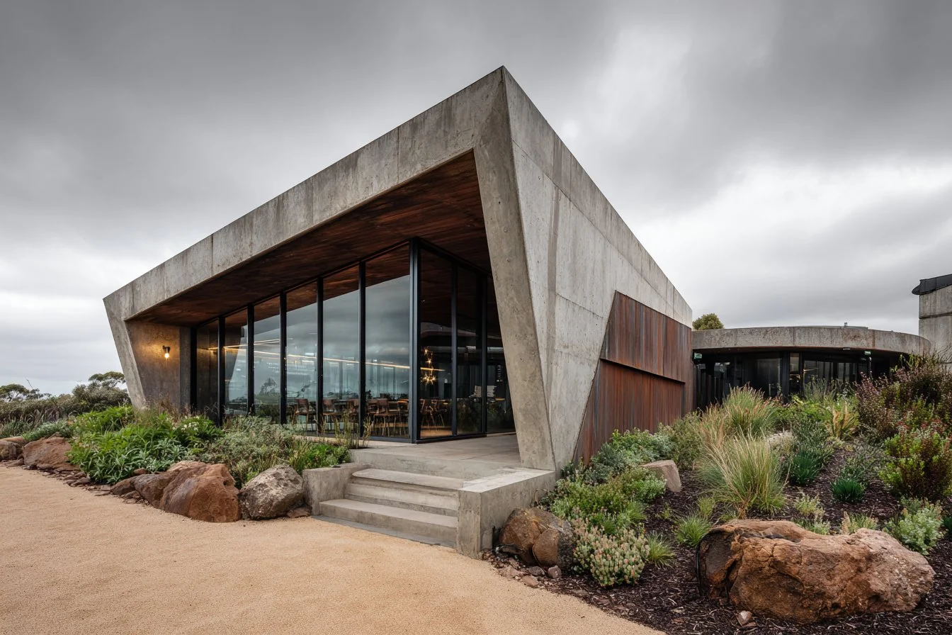 Modern angular concrete building with large glass windows surrounded by plants and rocks under gray sky.
