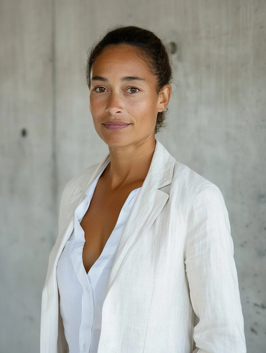 Confident woman with brown hair in a white blazer and shirt against a gray concrete wall.