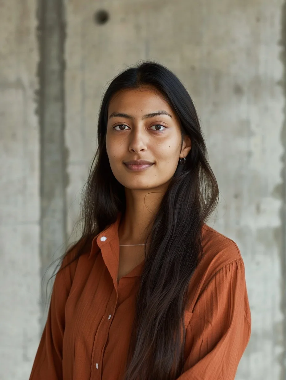 Young woman with long dark hair wearing a rust-colored shirt, standing against a concrete wall.