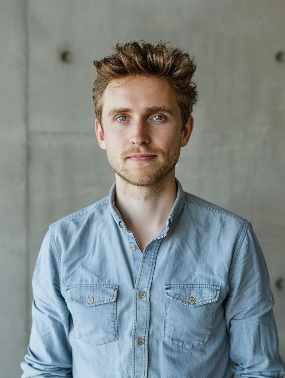 Young man with tousled brown hair and blue eyes wearing a light blue button-up shirt.