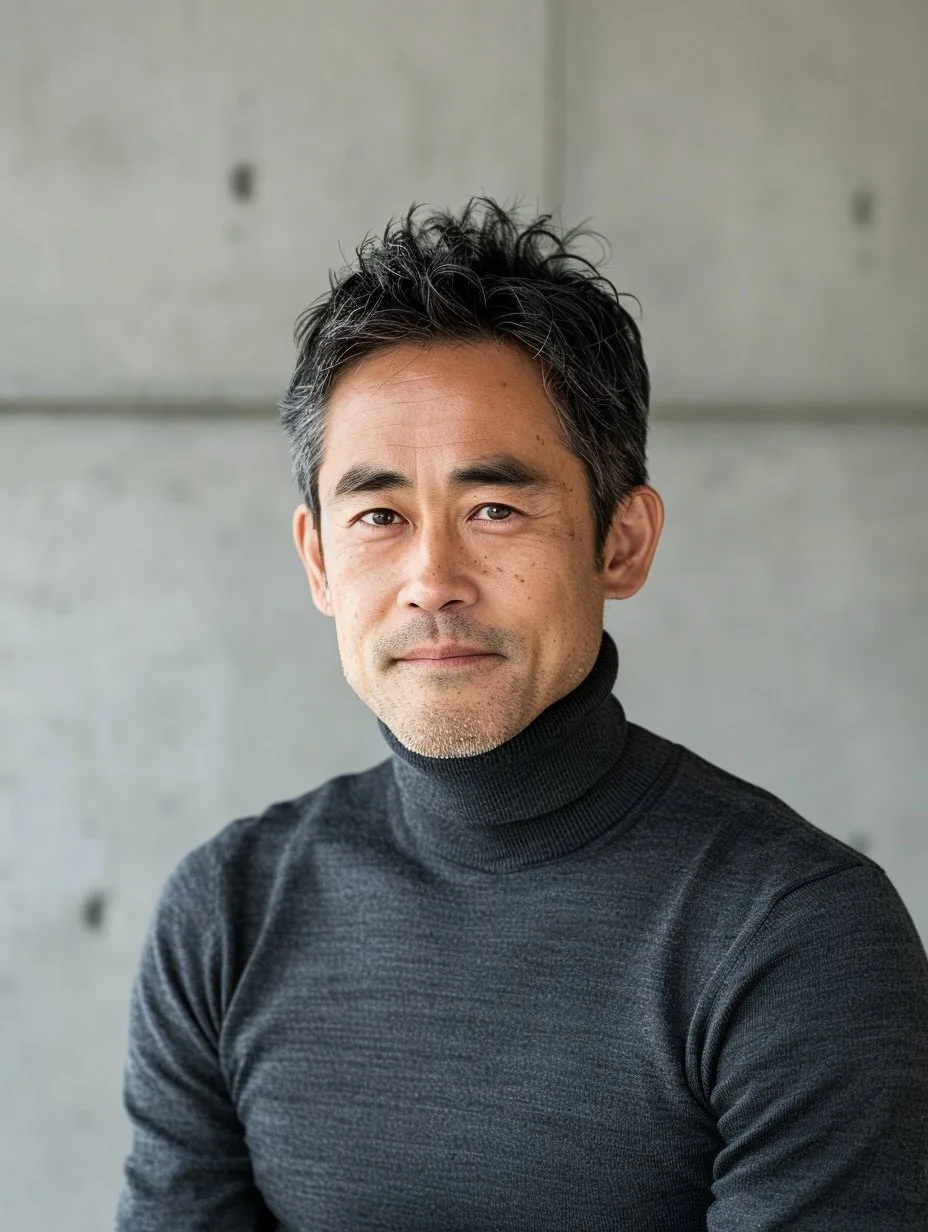 Man with salt-and-pepper hair wearing a dark turtleneck against a gray concrete wall.