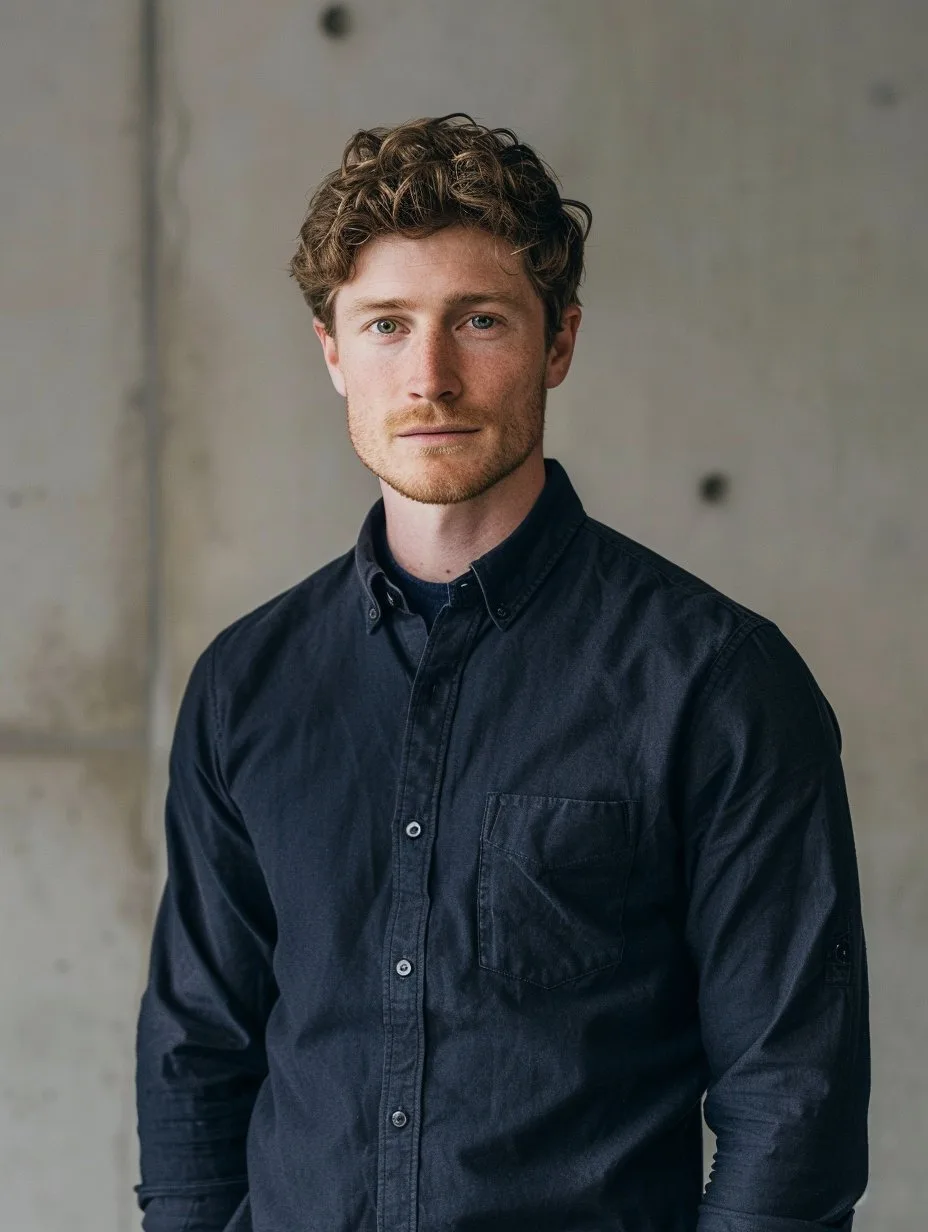 Young man with curly brown hair and beard wearing a dark button-up shirt against a plain background.