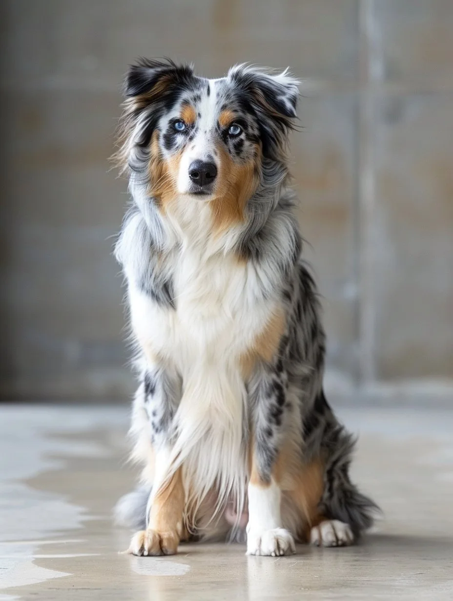 Blue merle Australian Shepherd dog with blue eyes sitting on a concrete floor against a gray wall.