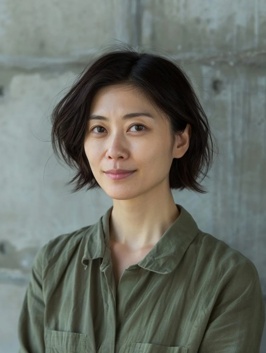 Portrait of a woman with short dark hair wearing a green shirt against a concrete wall.