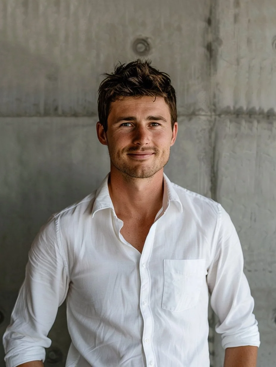 Young man with short brown hair wearing a white shirt, standing against a textured gray wall.