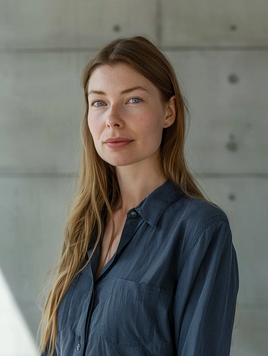 Young woman with long blond hair wearing a dark blue shirt, standing in front of a concrete wall.