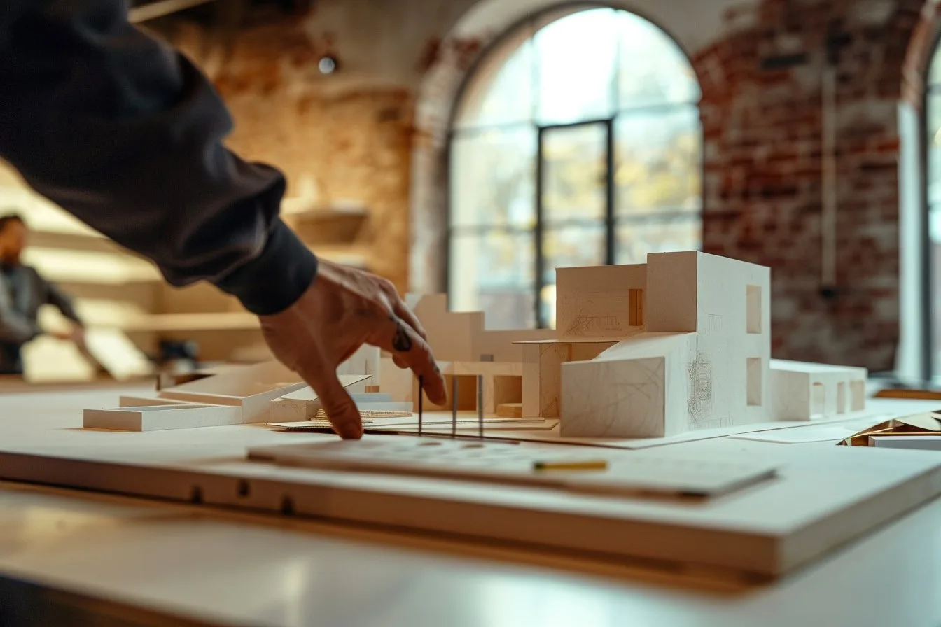 Hand working on an architectural model of a modern building in a studio with arched windows.