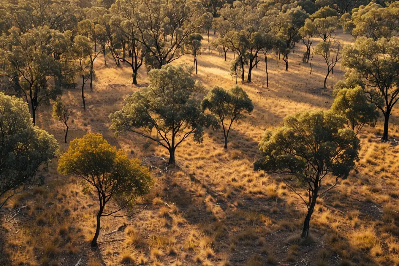 Dry grassy landscape with scattered trees casting long shadows in warm light.