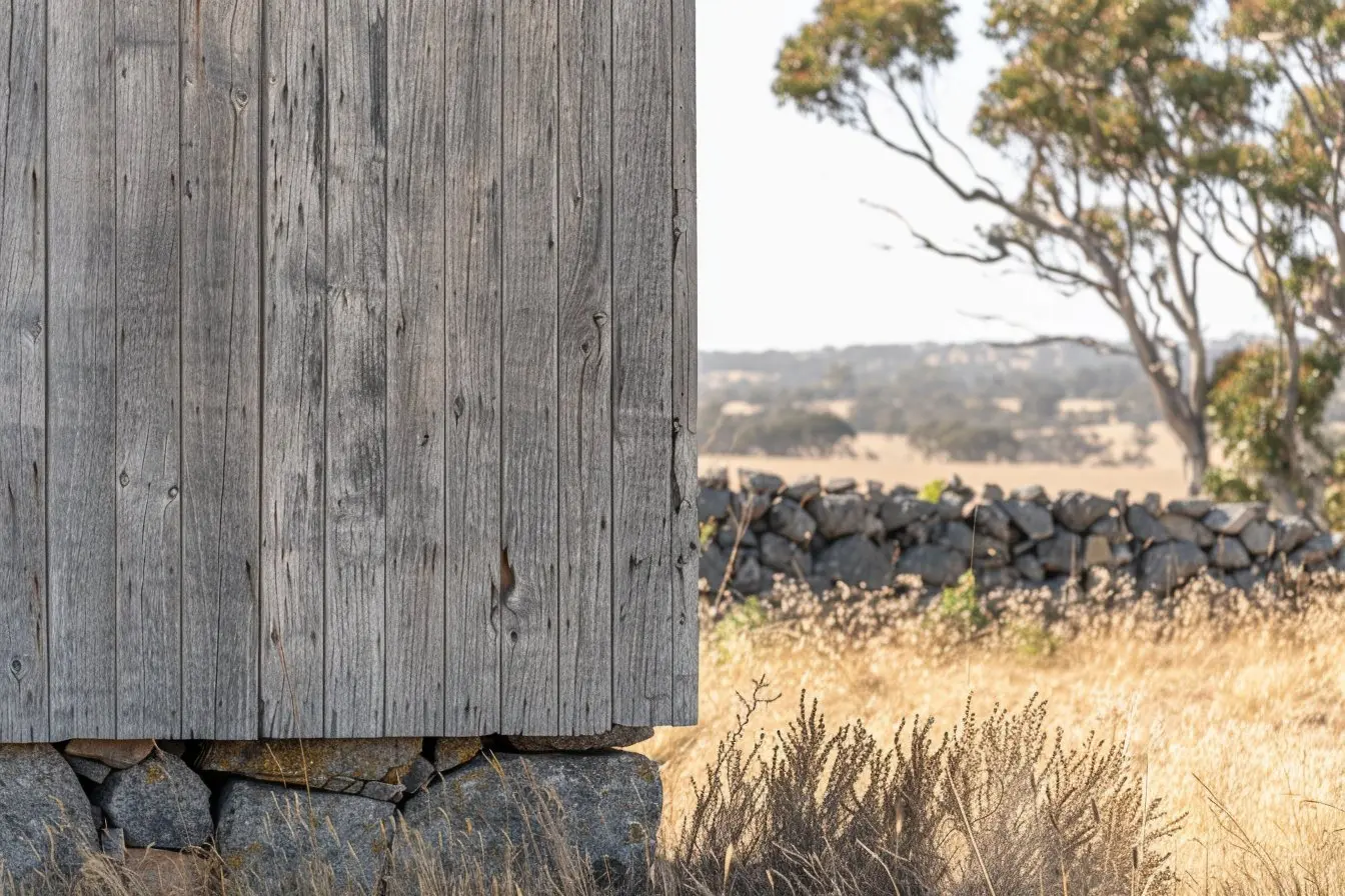 Close-up of old wooden wall on a stone foundation with dry grass and trees in the background.