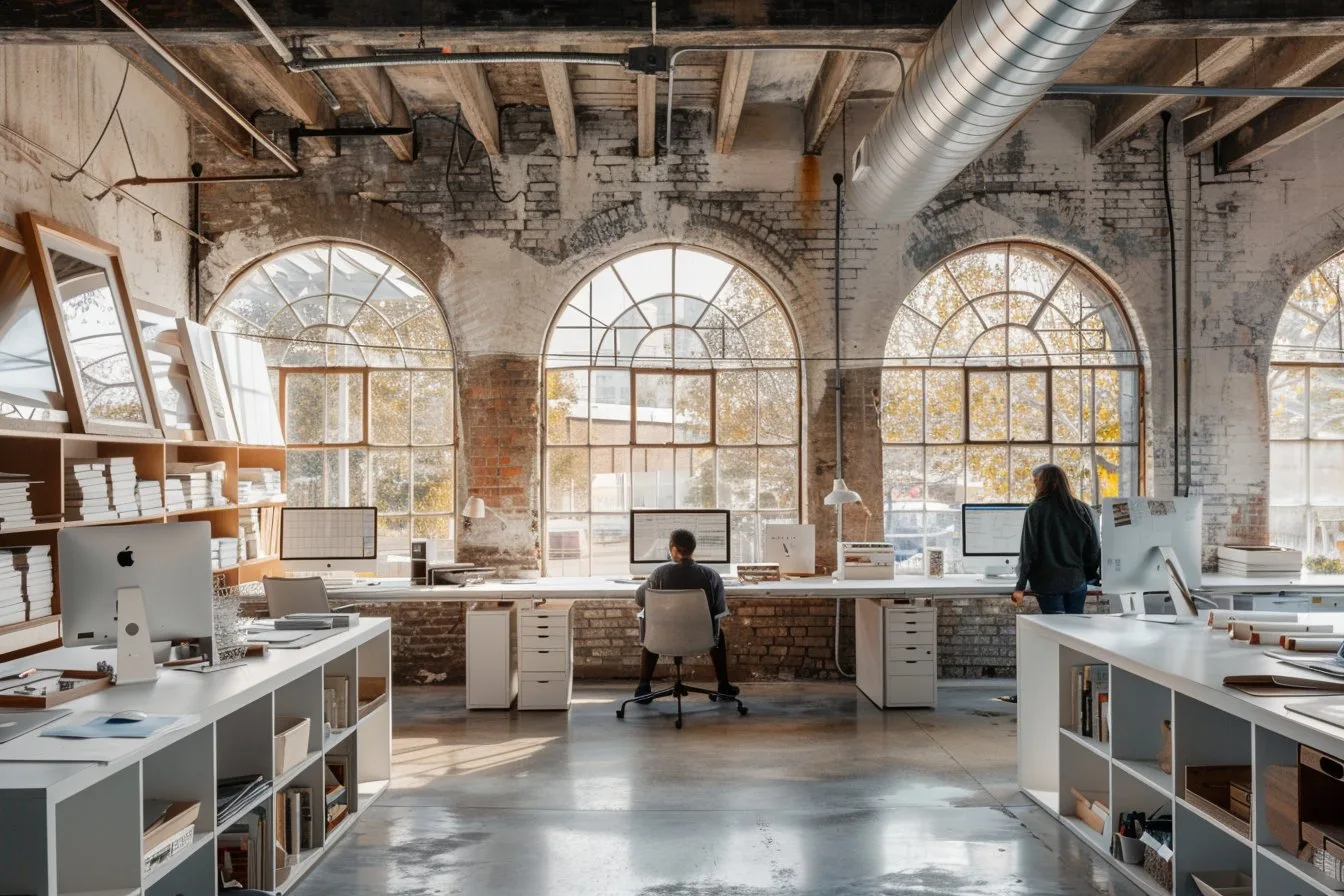 Modern studio office with large arched windows, desks, computers, and two people working inside.