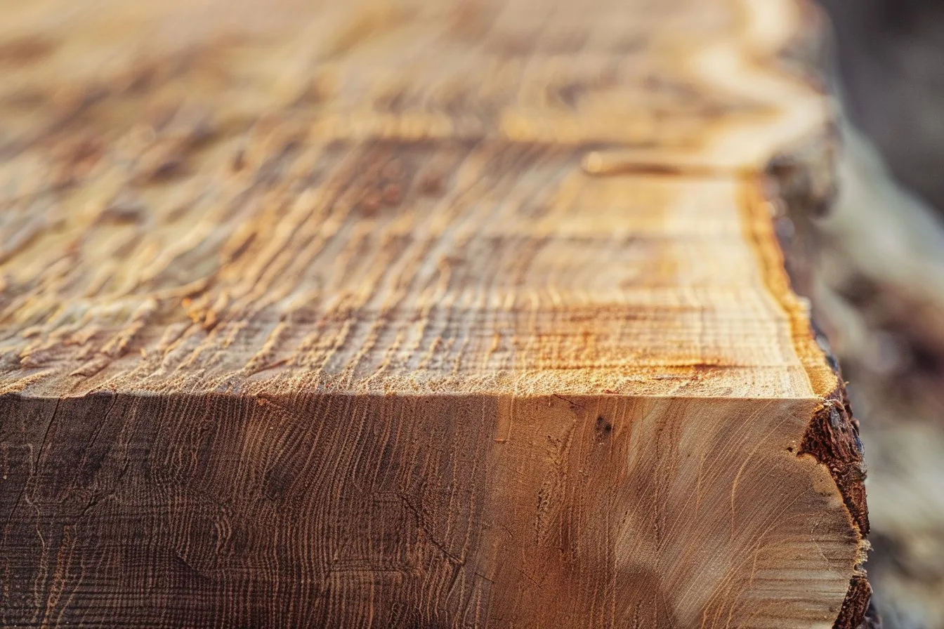 Close-up of a rough-cut wooden plank showing natural wood grain and texture.