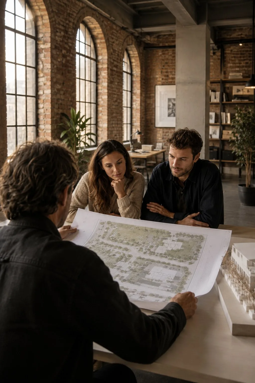 Three people review architectural plans at a table in a spacious office with large windows and exposed brick walls.