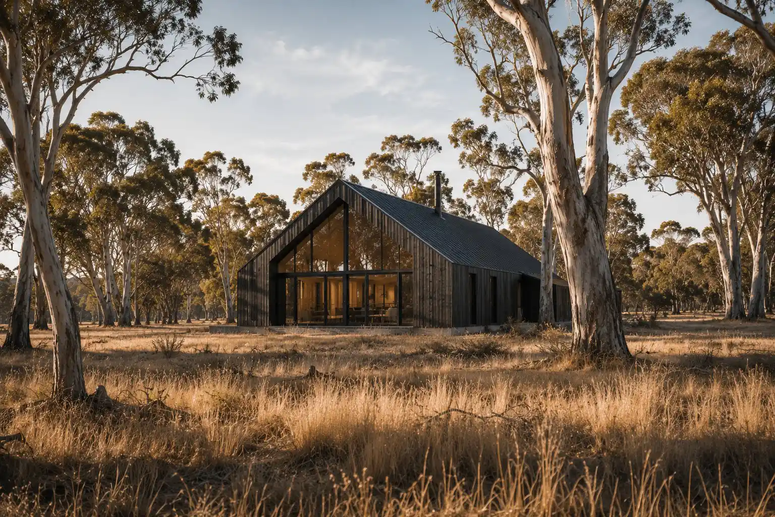 Modern black wooden house with glass front in a grassy field surrounded by tall trees.