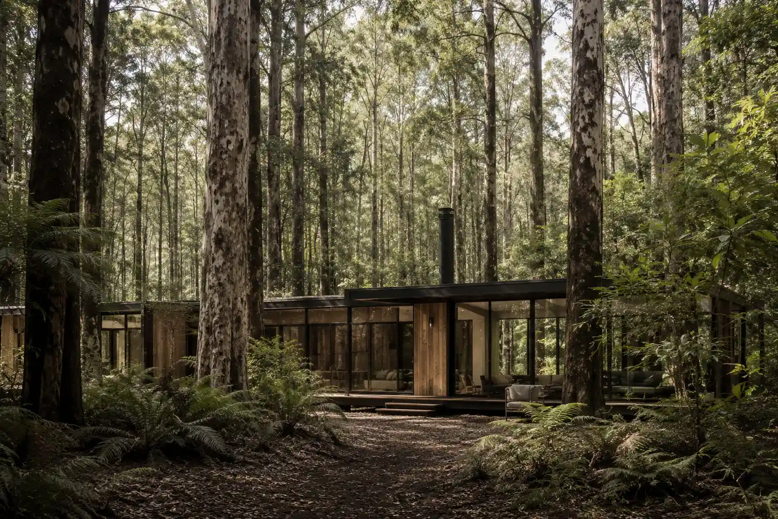 Modern cabin with glass walls and wood paneling nestled in a dense forest with tall trees and ferns.