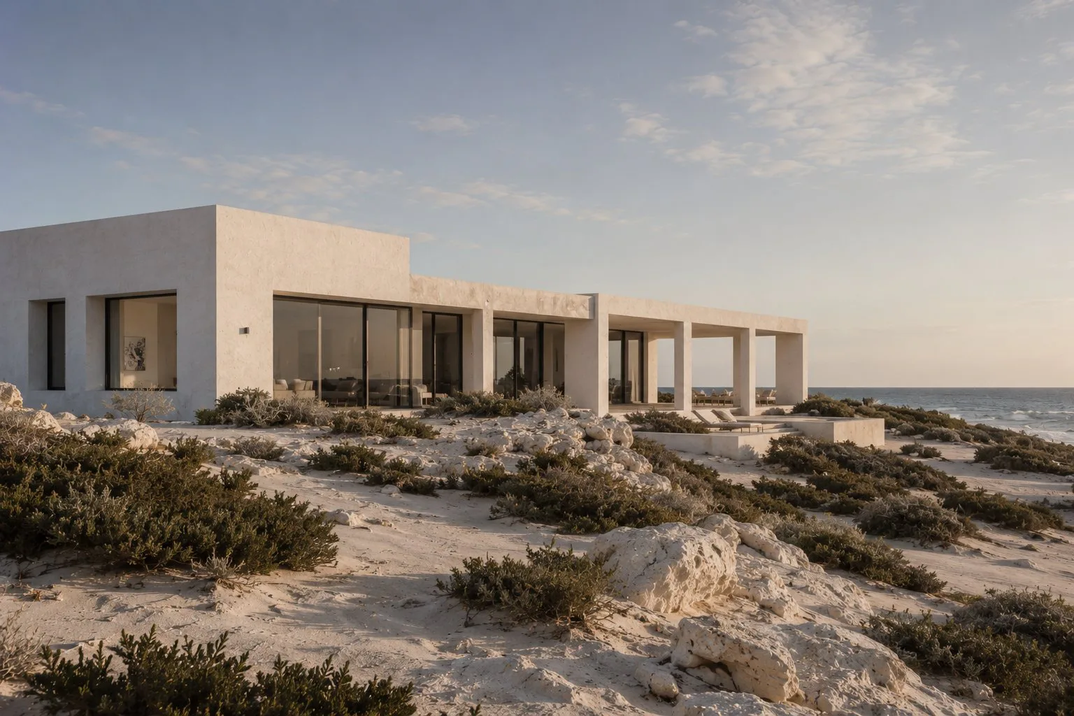 Modern beige house with large glass windows on a sandy, rocky beach near the ocean at sunset.