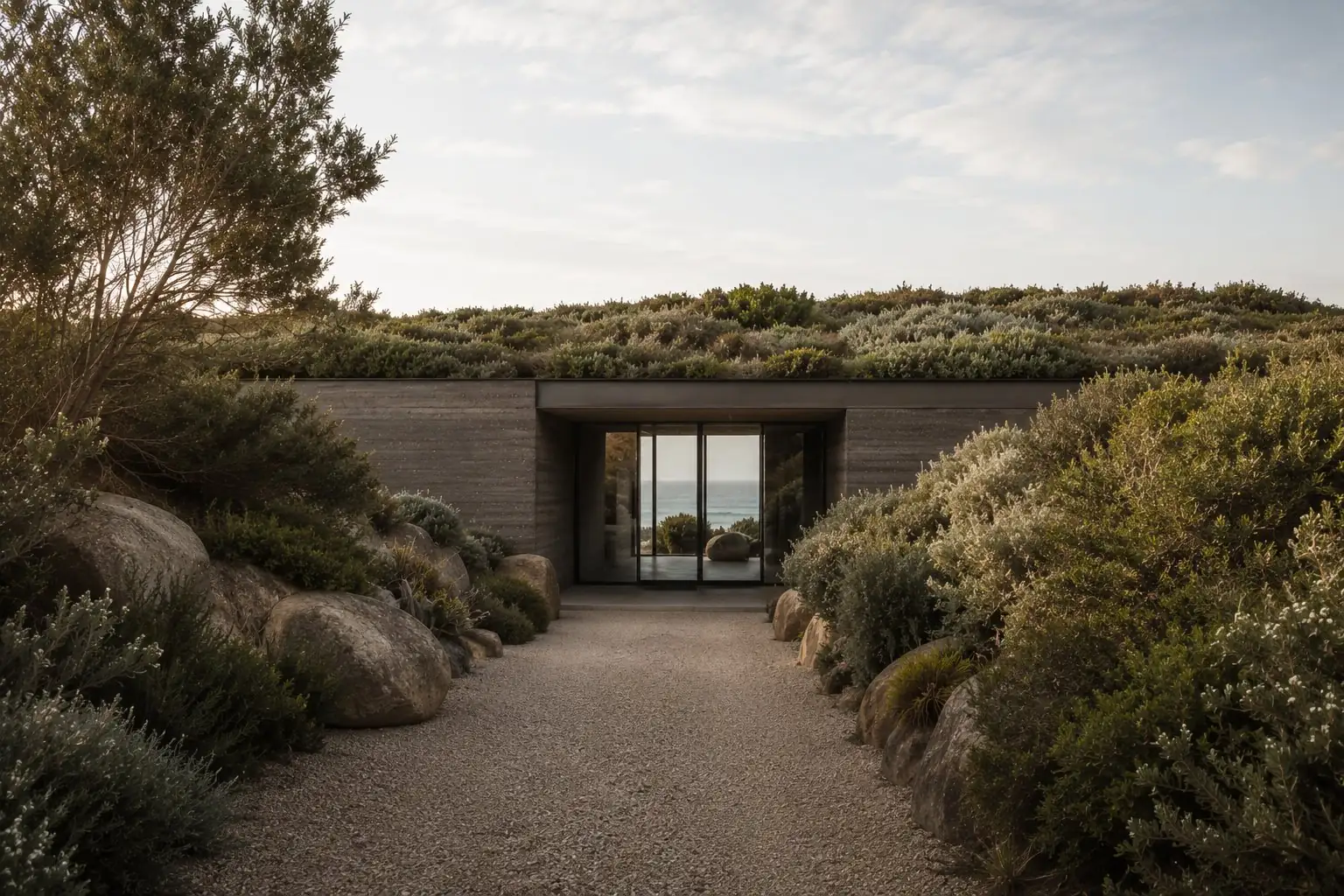 Modern earth-sheltered house entrance surrounded by bushes and large rocks with ocean view through glass doors.