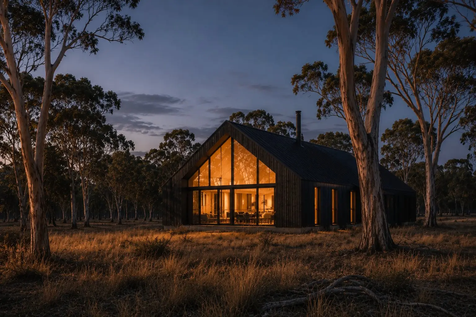 Modern cabin with large glass windows warmly lit inside, surrounded by trees at dusk.