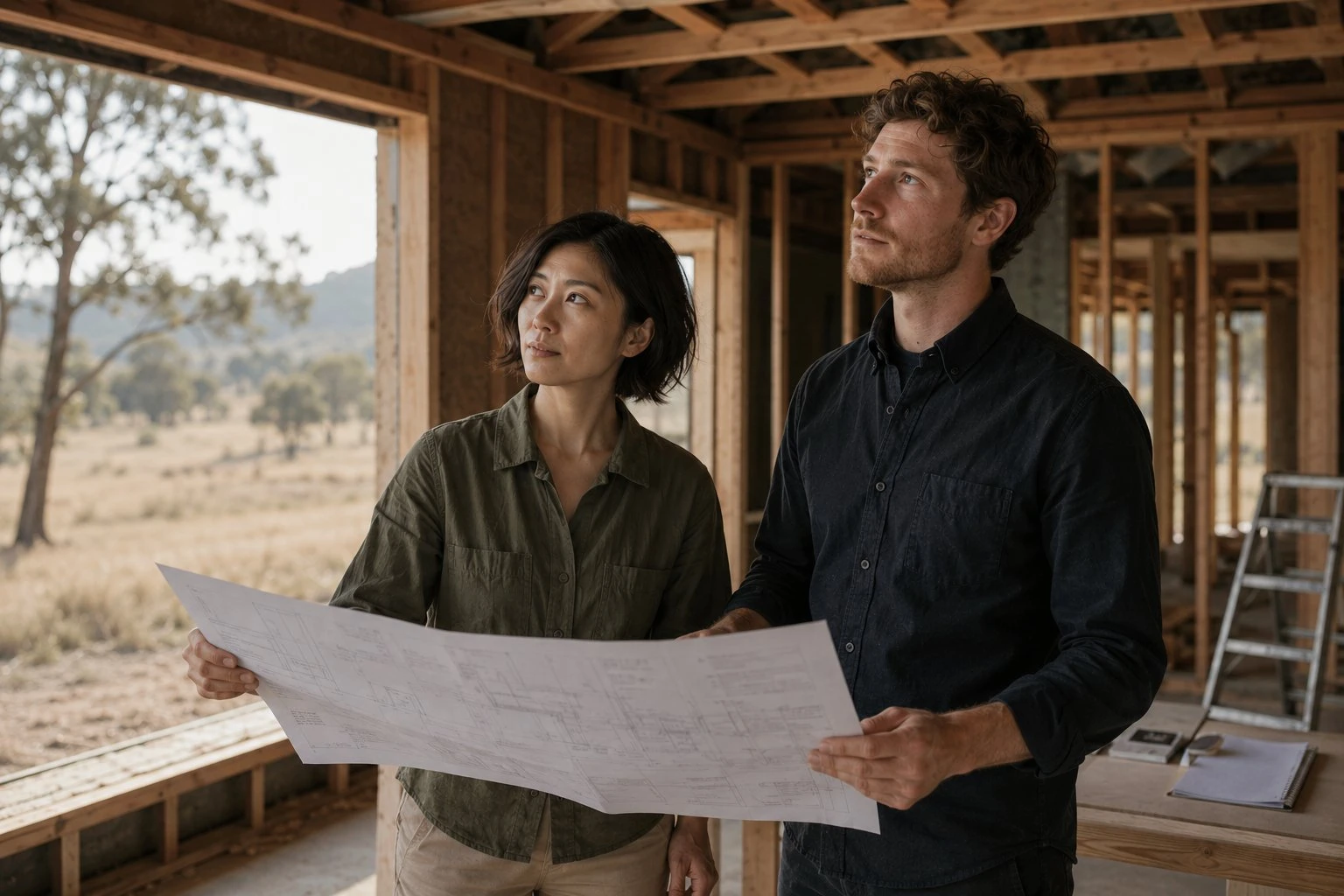 Two architects reviewing blueprints inside a wooden house under construction.