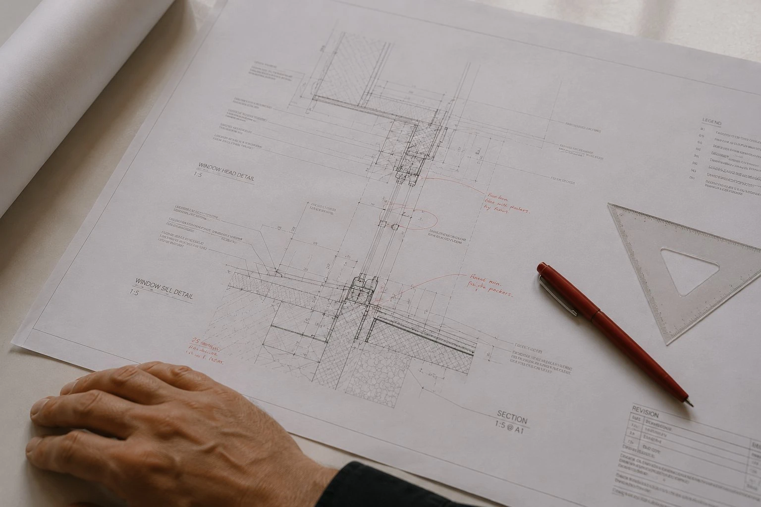 Architectural blueprint of window head and sill details with a hand, a red pen, and a triangular ruler.