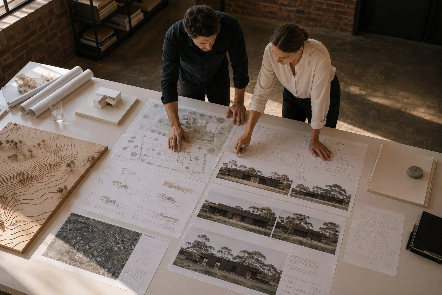 Two architects reviewing building plans and models on a large table in a studio with brick walls.