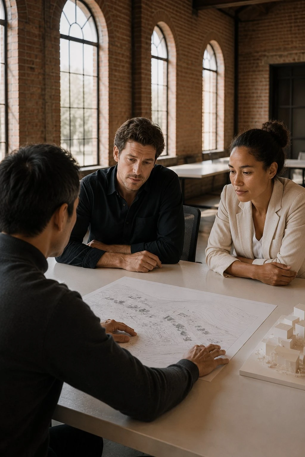Three people sitting at a table reviewing architectural plans and a building model in a bright office.