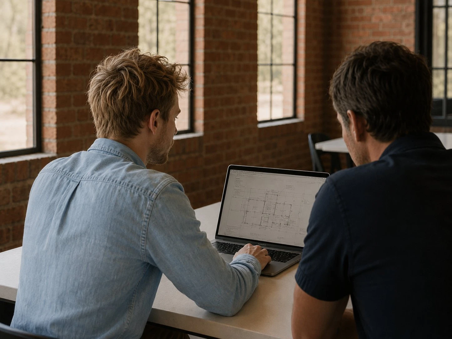Two men reviewing architectural floor plans on a laptop in a room with brick walls and windows.