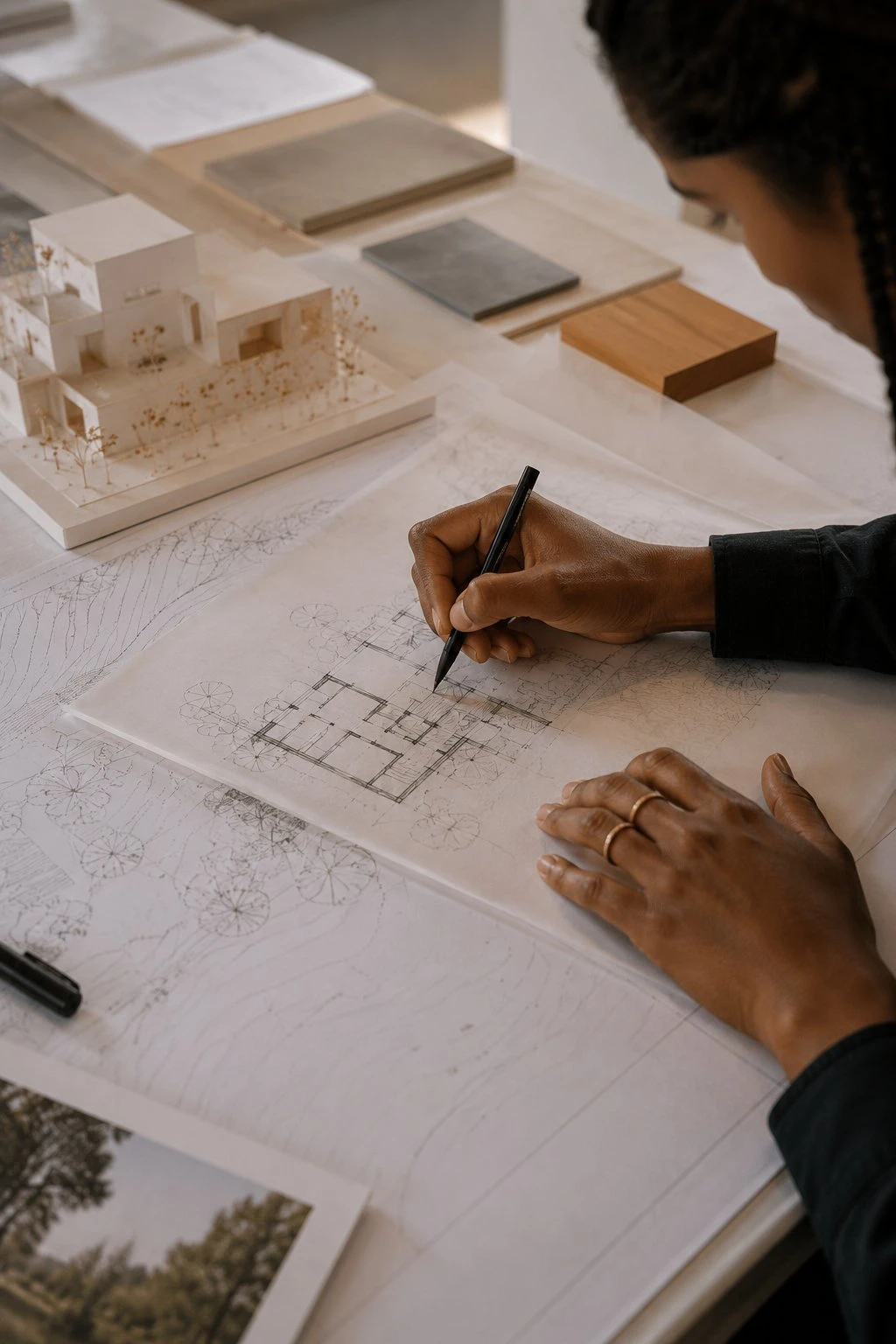 Person drawing architectural floor plans on tracing paper with a detailed 3D house model nearby.