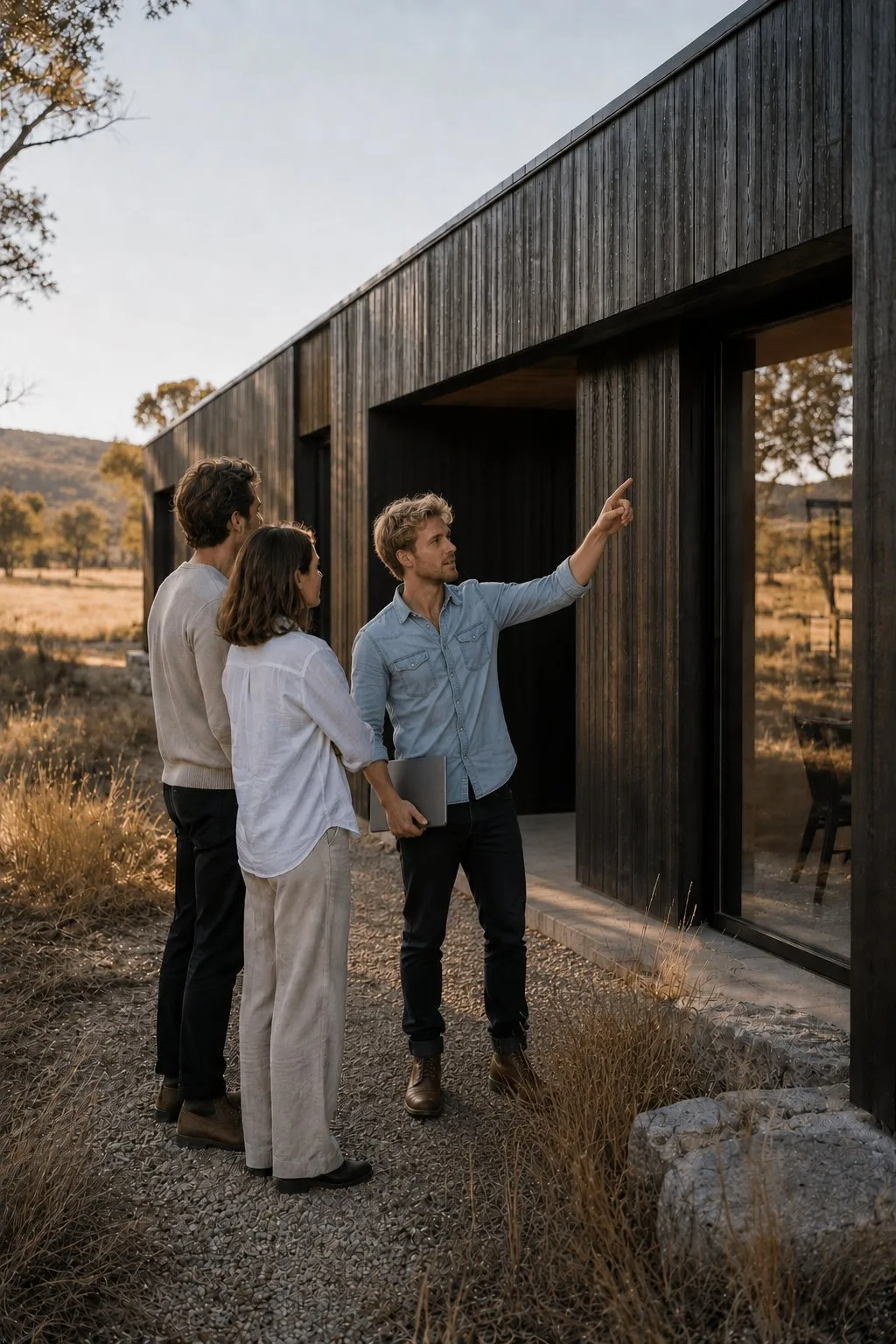 Three people standing outside a modern black wooden building, one person pointing at a window.