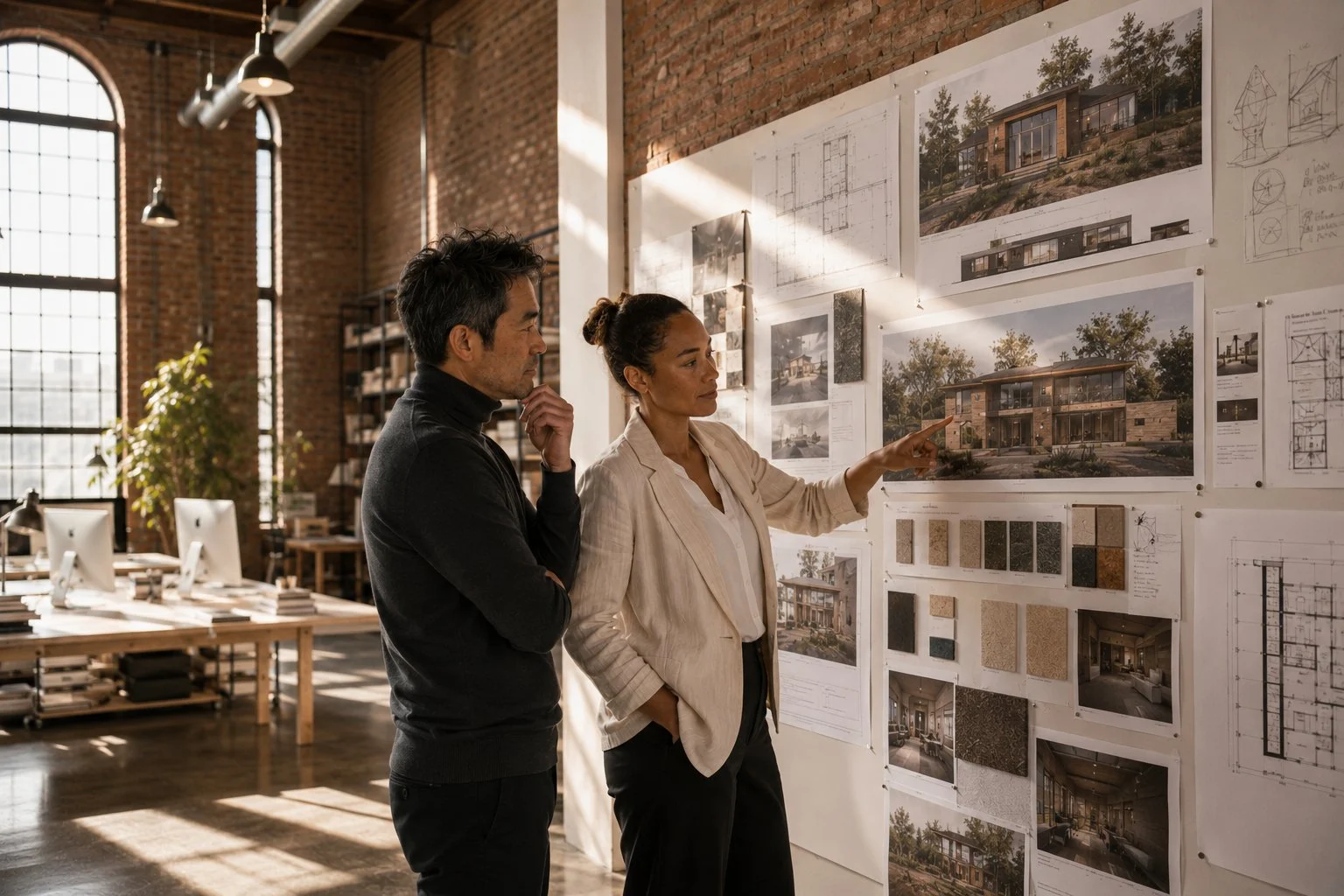 Two architects review modern house designs and material samples pinned on a wall in a bright office.