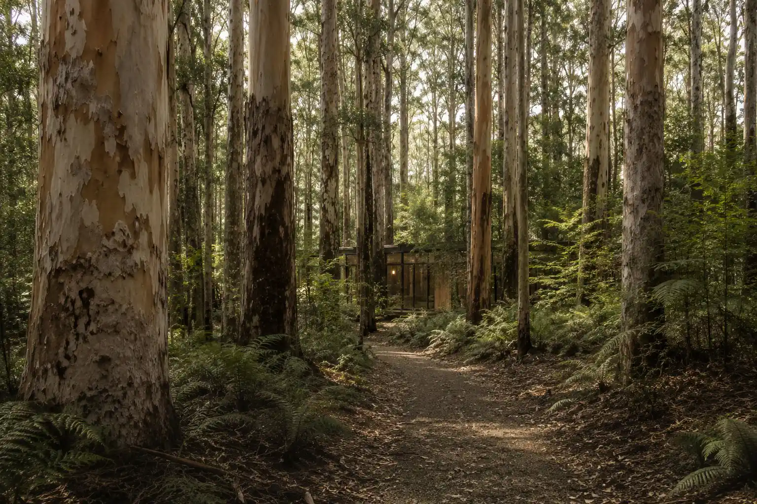 Forest path leading to a small glass building surrounded by tall trees and green ferns.