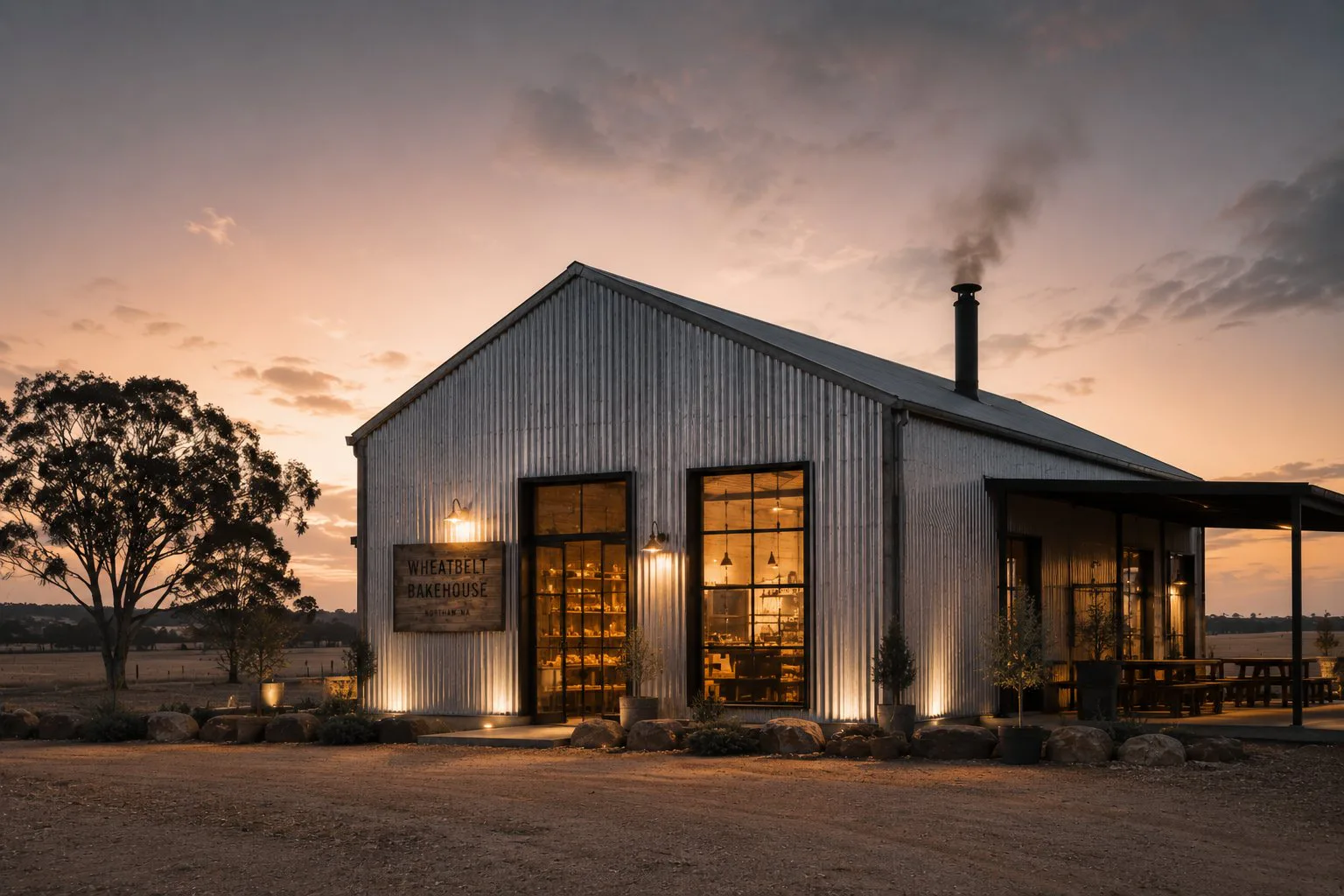 Wheatbelt Bakehouse building lit at dusk with warm interior lights and a smoky chimney.