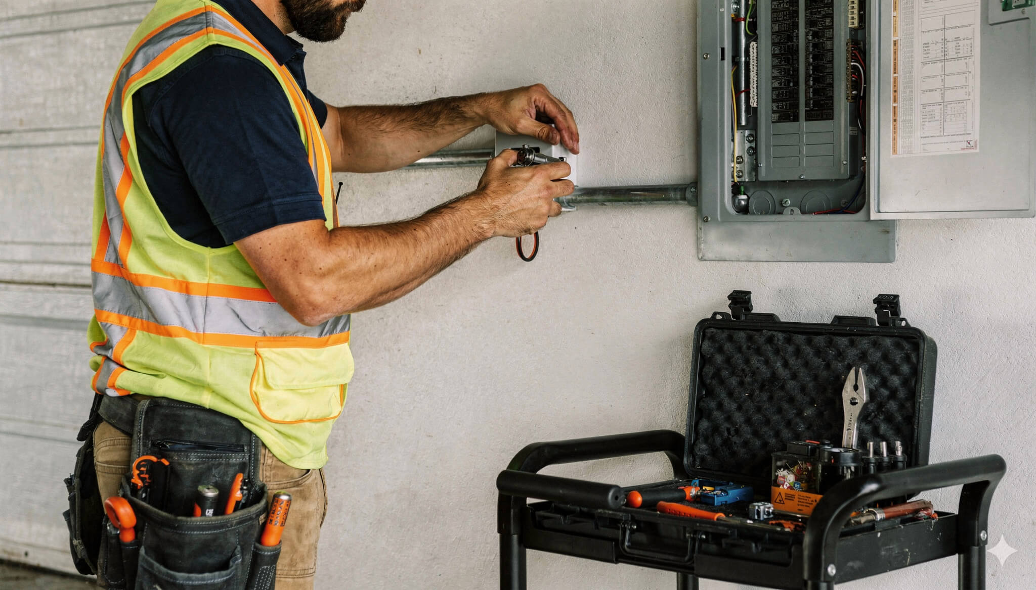 electrician servicing an electrical panel in a garage