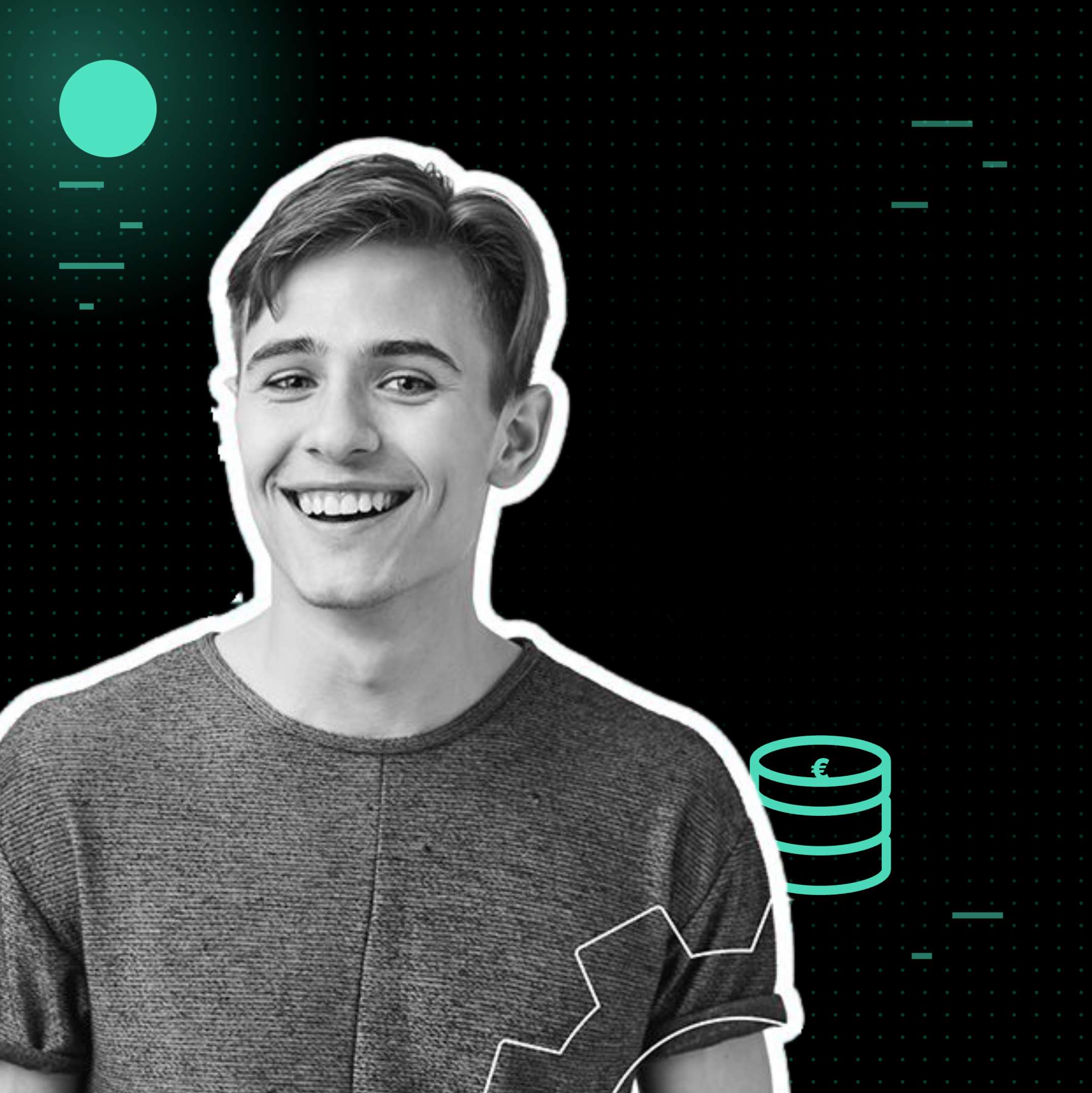 Junger Mann mit kurzem Haar und T-Shirt lächelt vor einem digitalen Hintergrund mit Symbolen für Geld und Technik.