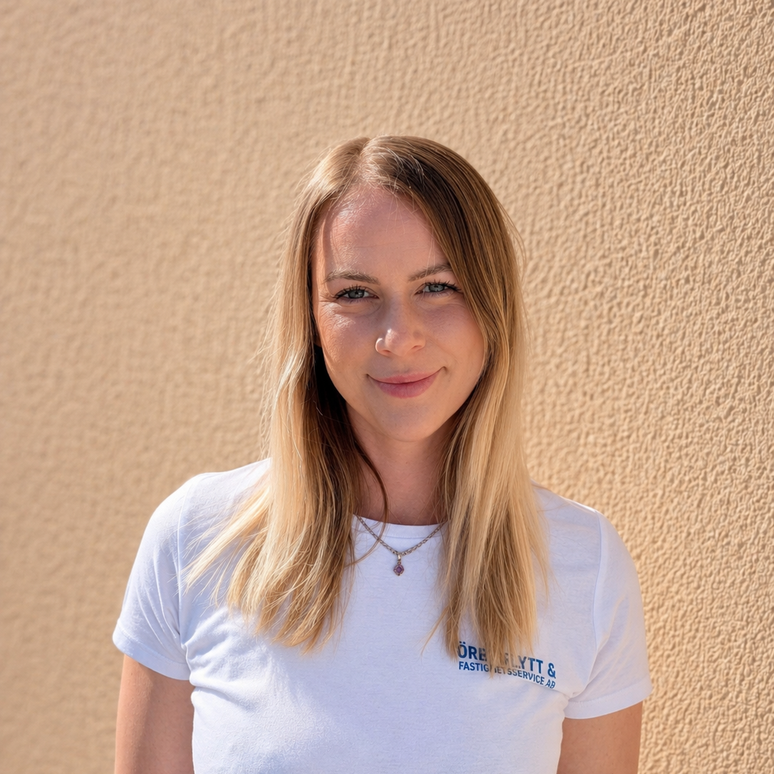 Smiling woman with long blonde hair wearing a white t-shirt standing against a textured beige wall.