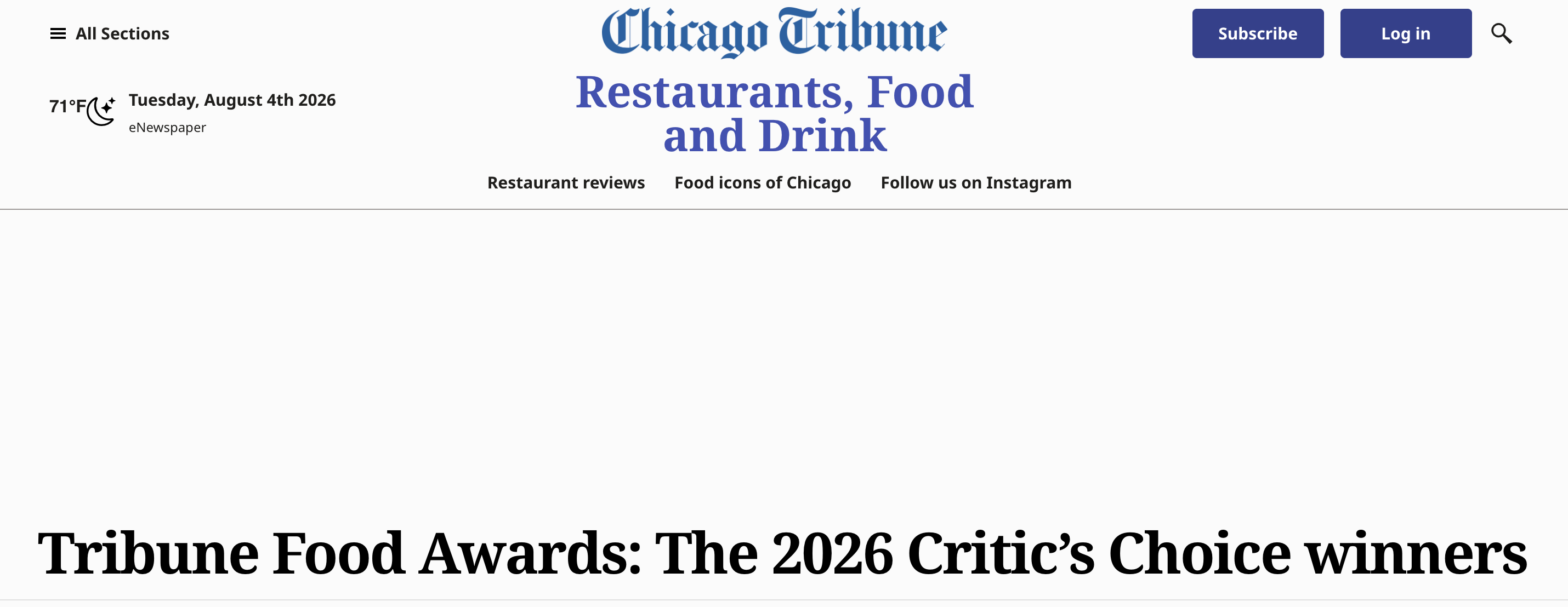 Chicago Tribune headline: "Tribune Food Awards: The 2026 Critic's Choice winners"
