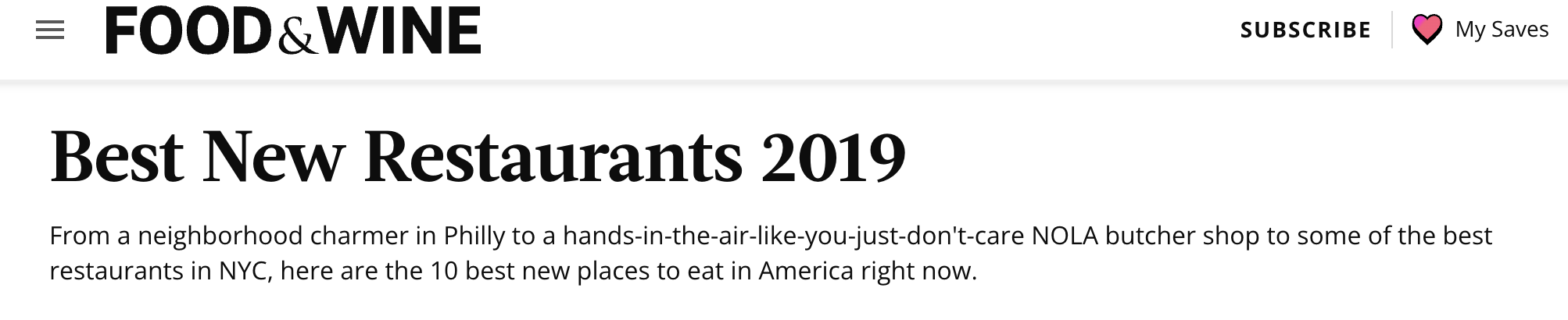 Food & Wine headline: "Best New Restaurants 2019"