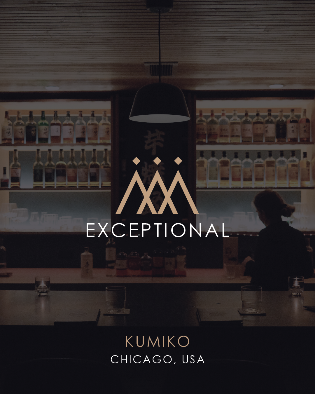 The Pinnacle Guide "Exceptional" three-pin emblem over the Kumiko whisky bar, captioned "Kumiko, Chicago, USA"