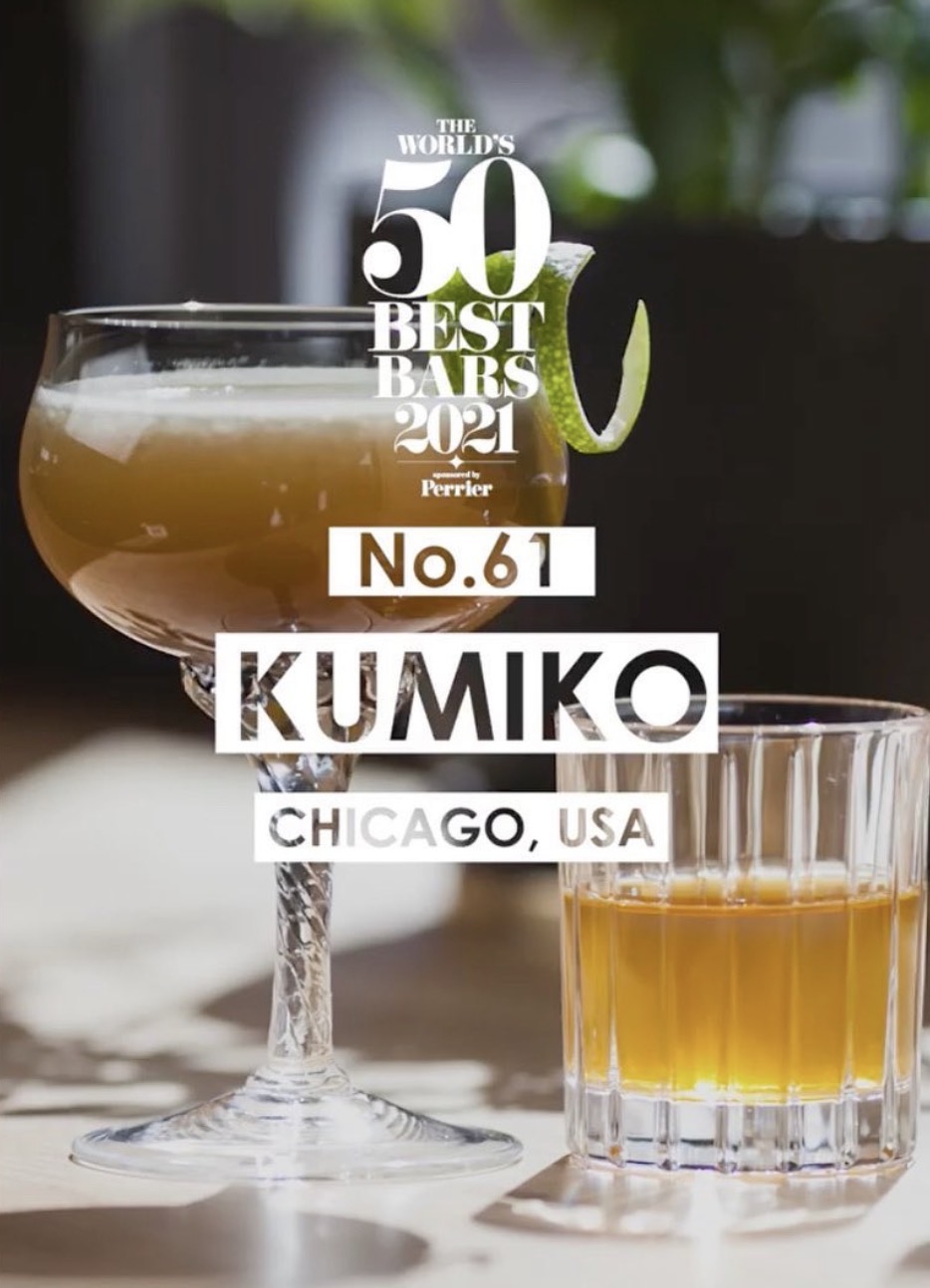 The World's 50 Best Bars 2021 award graphic: "No.61 Kumiko, Chicago, USA", over a coupe and a highball on the bar