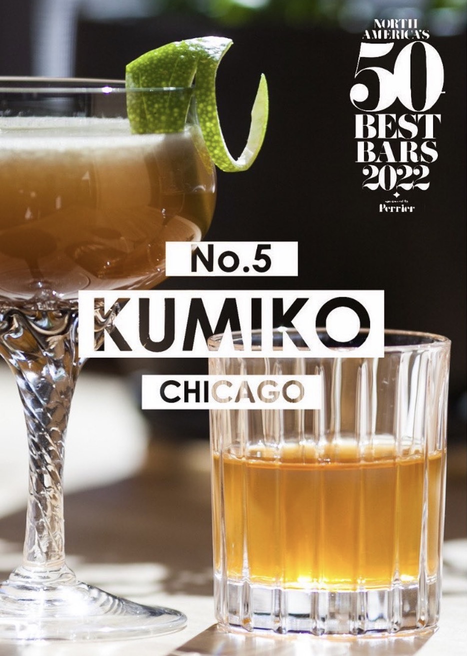 North America's 50 Best Bars 2022 award graphic: "No.5 Kumiko, Chicago", over a cocktail garnished with lime peel