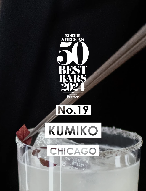 North America's 50 Best Bars 2024 award graphic: "No.19 Kumiko, Chicago", over a cocktail being garnished with tweezers