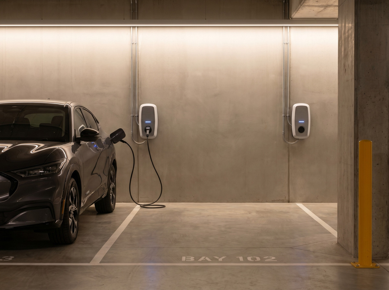 Shared apartment car park with EV chargers installed for strata residents in Melbourne