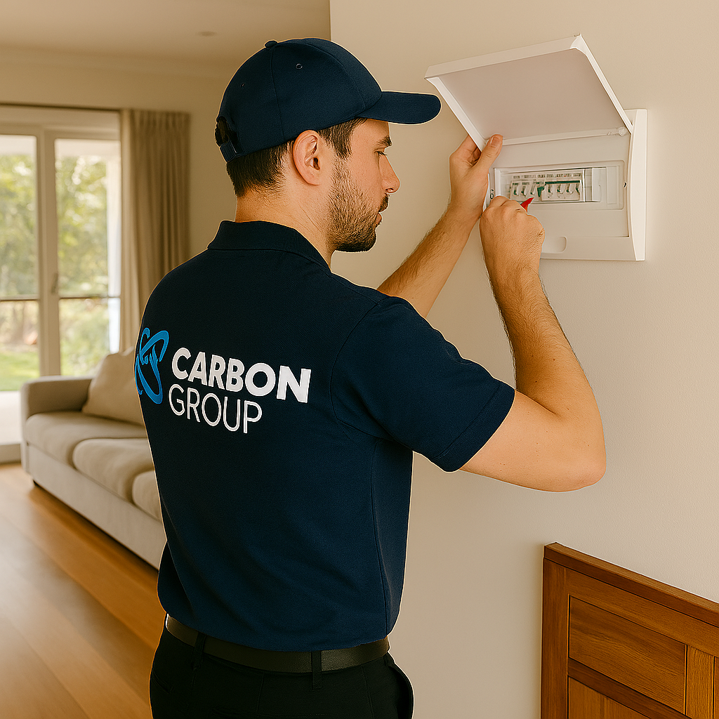 Electrician inspecting a residential switchboard before an EV charger upgrade