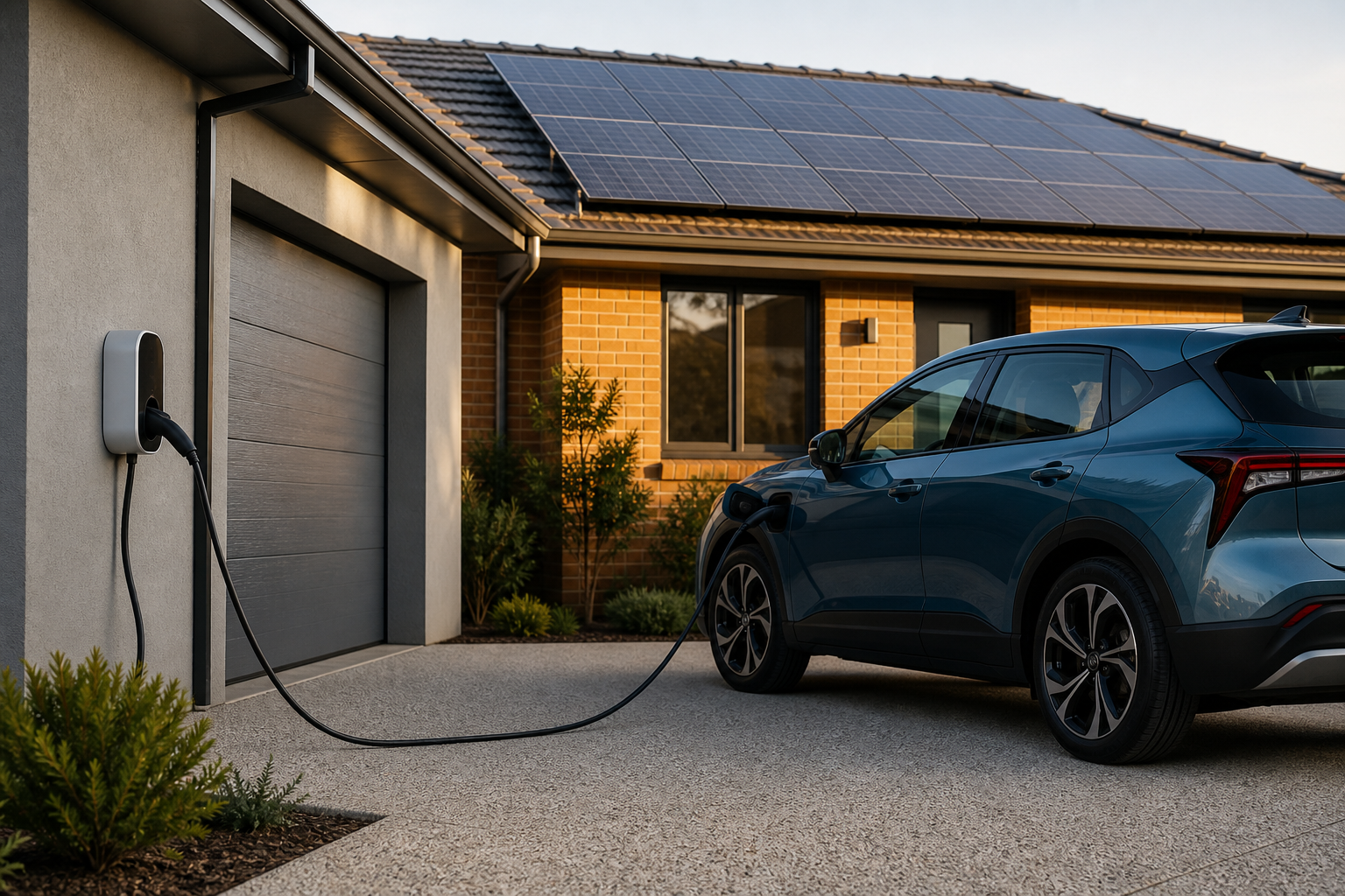 Electric car charging from a wall-mounted home EV charger beneath rooftop solar panels at a Melbourne suburban home.