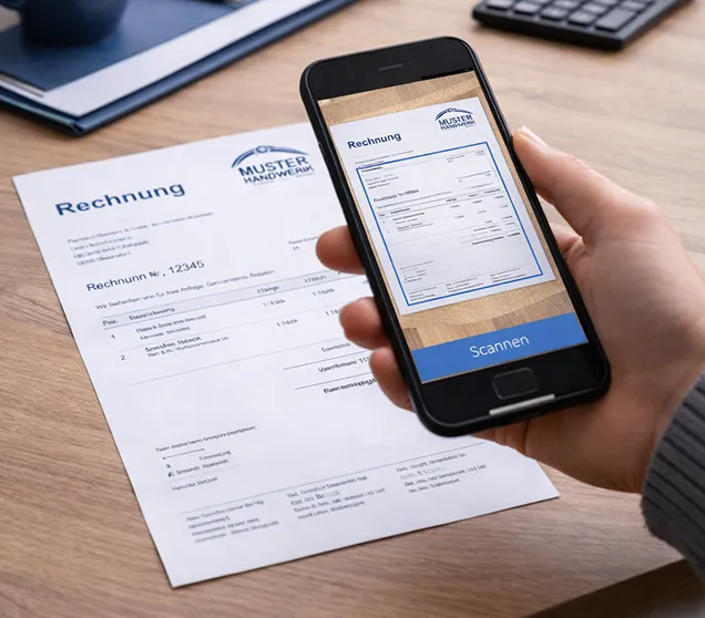 Hand scannt eine Rechnung mit der Smartphone-Kamera, angezeigt auf dem Bildschirm ist der Scanbereich mit dem Wort 'Scannen' darunter.